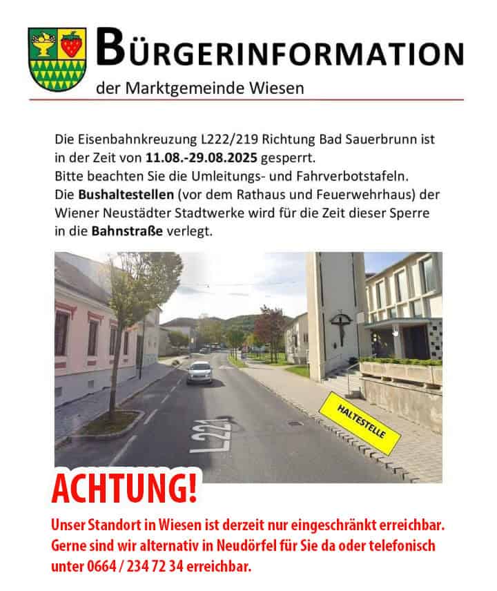 ACHTUNG - Standort in Wiesen nur erschwert erreichbar.